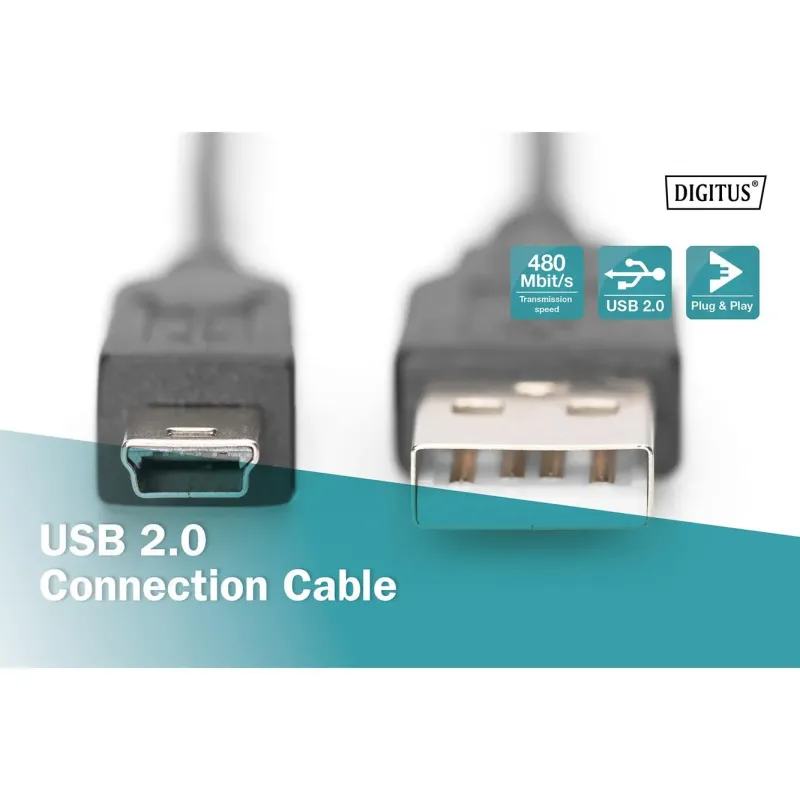 Kabel USB DIGITUS 2.0 A/M - mini B/M, 1,8m czarny | PartsPC.pl