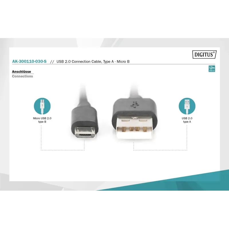 Kabel USB DIGITUS 2.0, typ A - B micro, 3m, czarny | PartsPC.pl