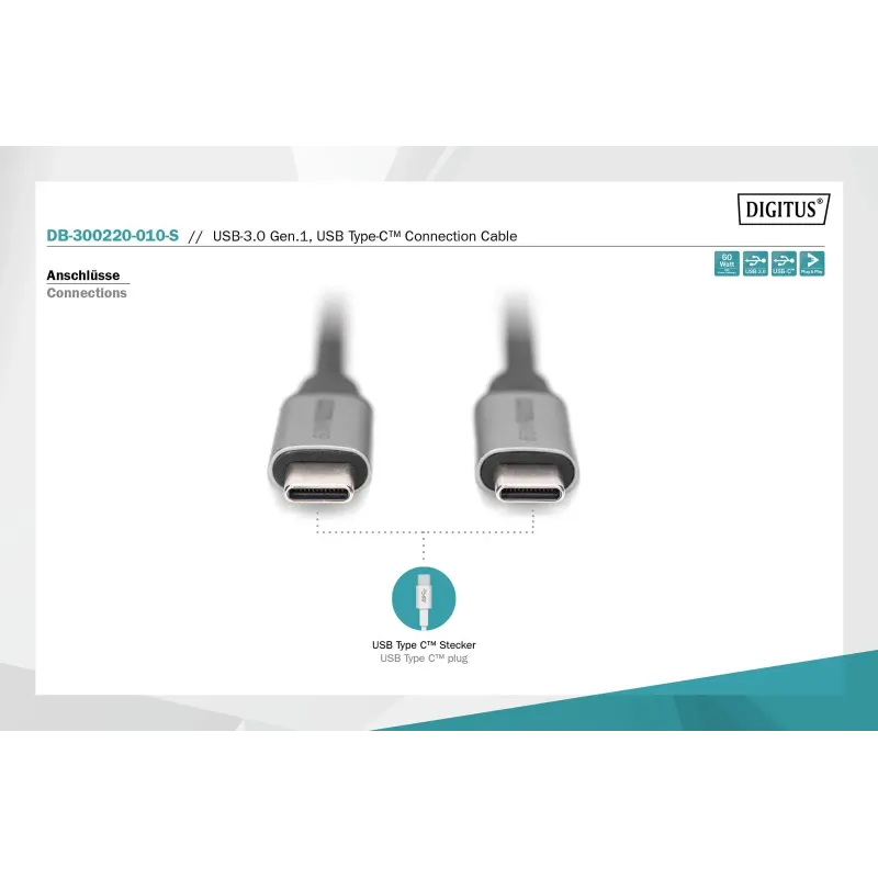 Kabel USB 3.0 DIGITUS PREMIUM 60W/5Gbps Typ USB C/USB C | PartsPC.pl