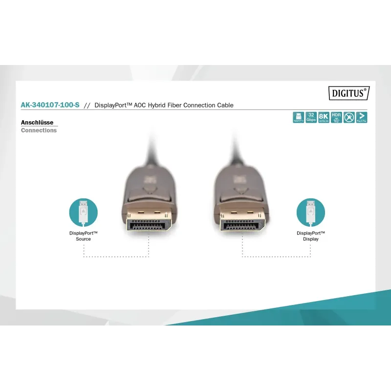 Kabel DIGITUS połączeniowy hybrydowy AOC DisplayPort 1.4 | PartsPC.pl