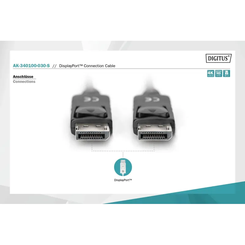 Kabel DisplayPort DIGITUS z zatrzaskami 4K 60Hz UHD Typ | PartsPC.pl