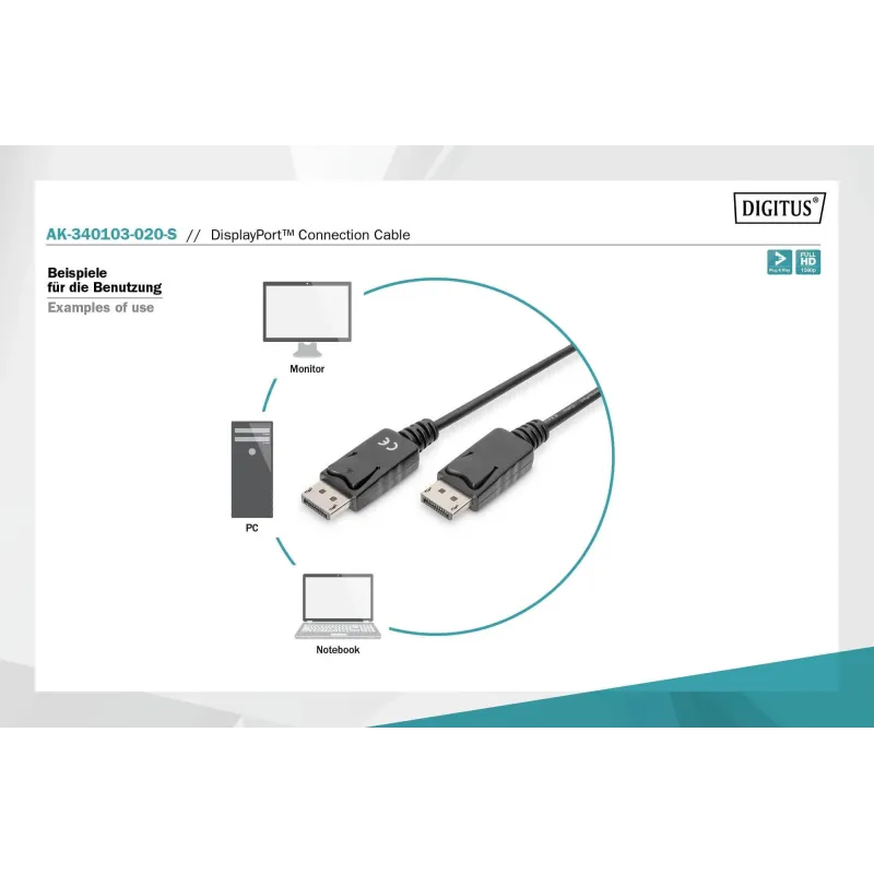 Kabel DisplayPort DIGITUS z zatrzaskami 1080p 60Hz FHD | PartsPC.pl