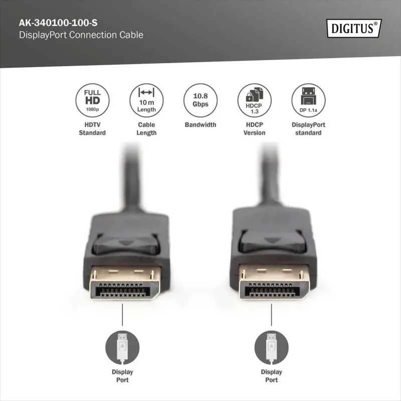 Kabel DisplayPort DIGITUS z zatrzaskami 1080p 60Hz FHD | PartsPC.pl