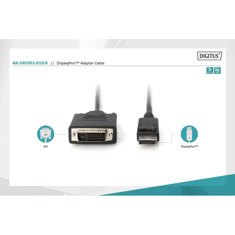 Kabel adapter DIGITUS DisplayPort z zatrzaskiem 1080p | PartsPC.pl