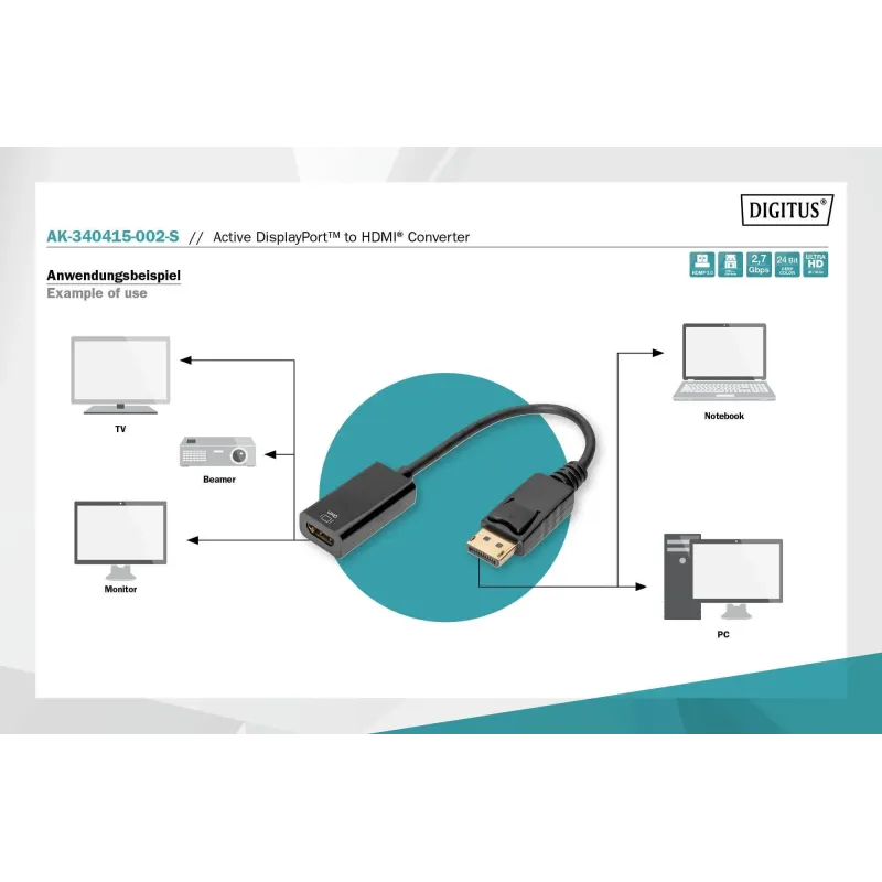 Kabel adapter DIGITUS DisplayPort z zatrzaskiem 4K 60Hz | PartsPC.pl