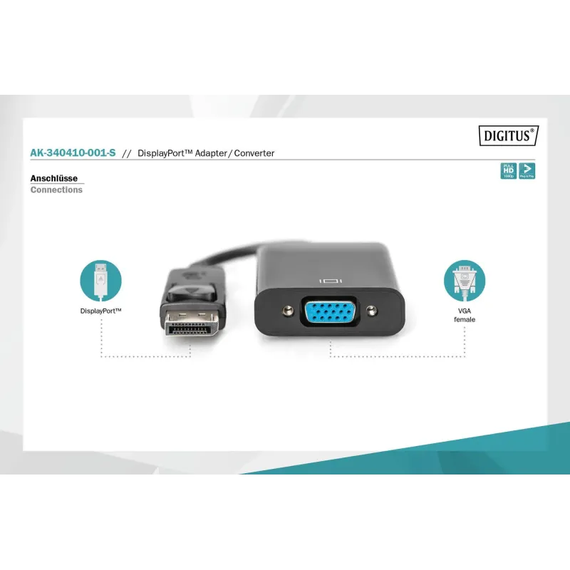 Kabel adapter DIGITUS DisplayPort z zatrzaskiem 1080p | PartsPC.pl