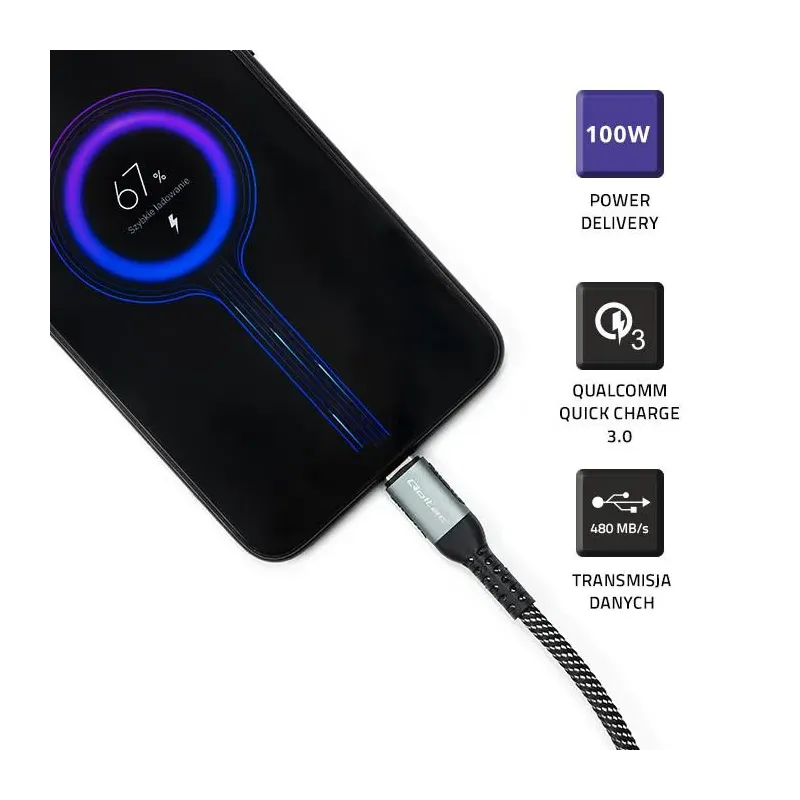 Kabel USB Qoltec 2.0 typ C | USB 2.0 typ C 100W| QC 3.0 | PartsPC.pl