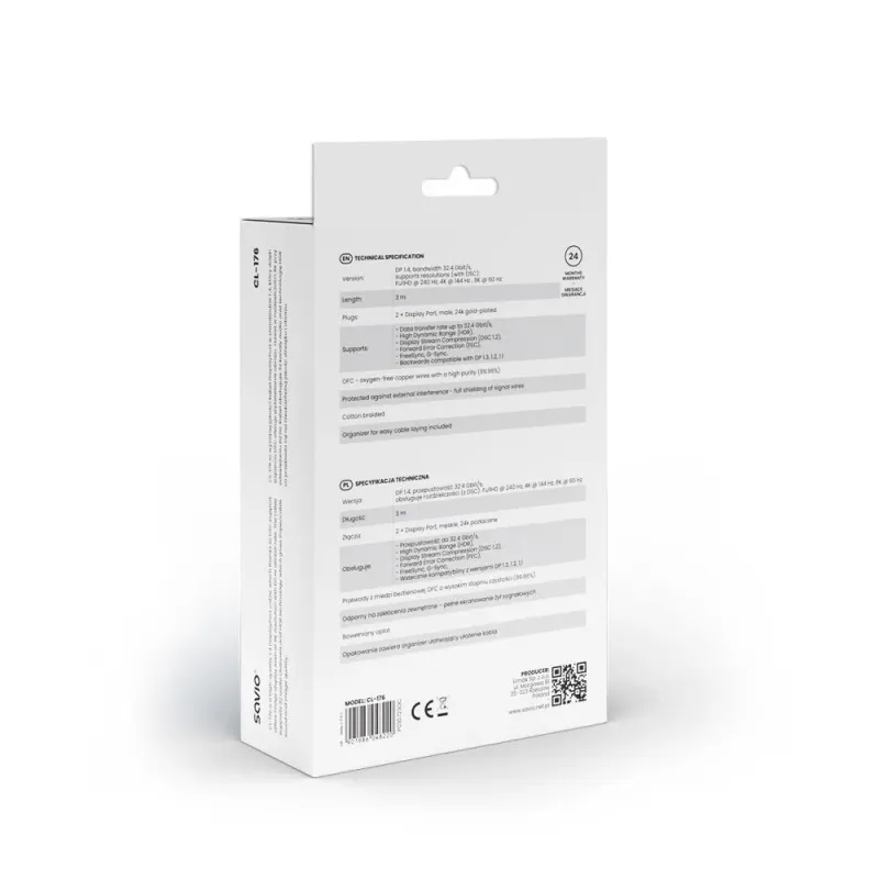 Kabel DisplayPort v1.4 Savio CL-176 (M/M), 8K, 3m, | PartsPC.pl