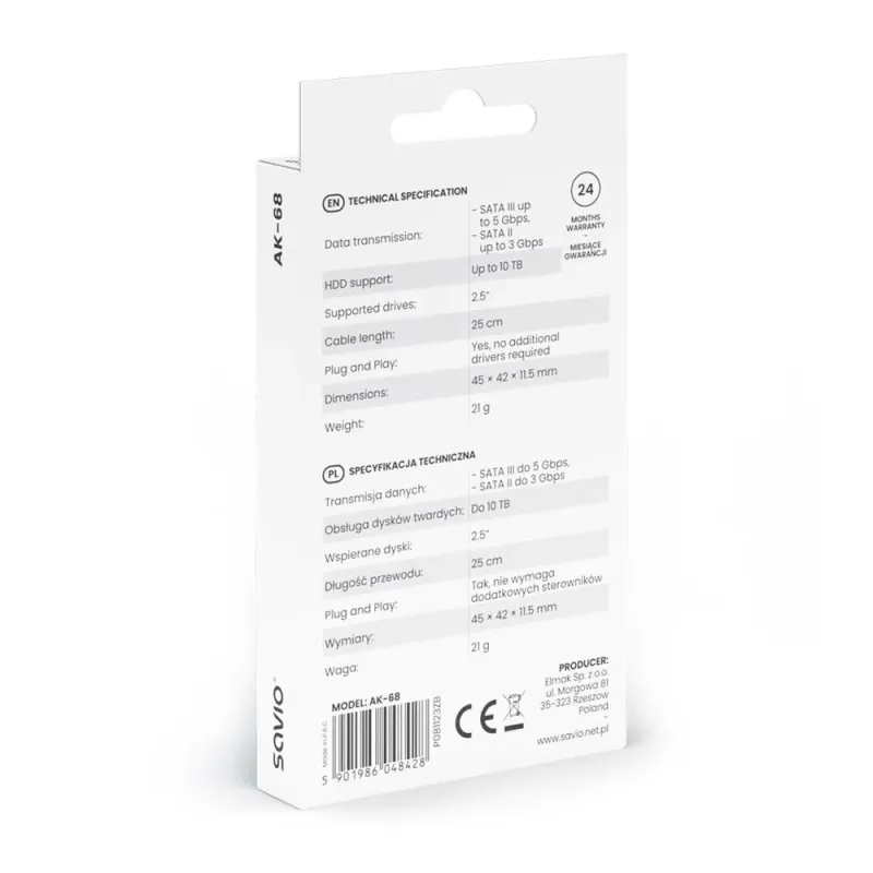 Kabel adapter SAVIO AK-68 USB-A 3.1 Gen 1 (M) - SATA (F) | PartsPC.pl