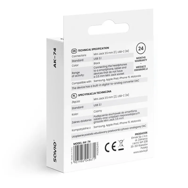 Adapter audio Savio AK-74 USB-C Jack 3,5mm czarny | PartsPC.pl