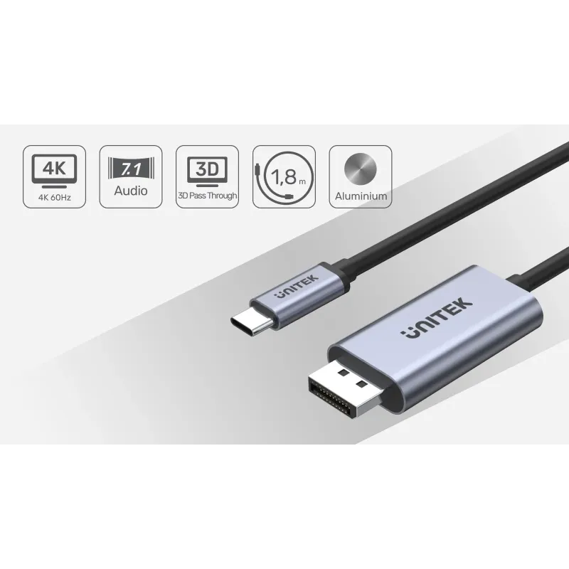Kabel adapter Unitek V1409A USB-C - DP 1.2 4K@60Hz, 1,8m | PartsPC.pl