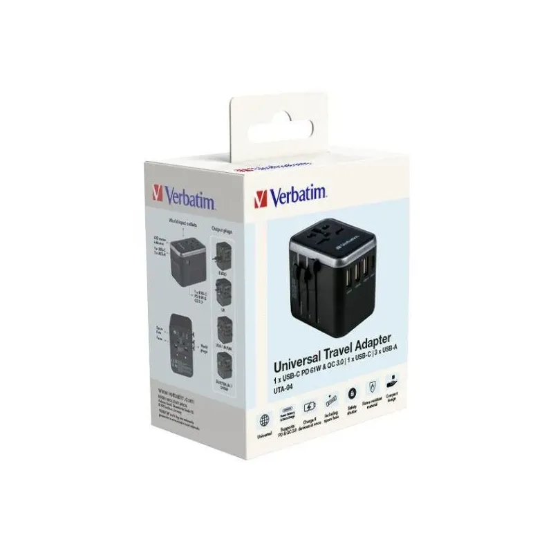 Adapter podróżny Verbatim UTA-04 globalny 1xUSB-C PD 61W | PartsPC.pl