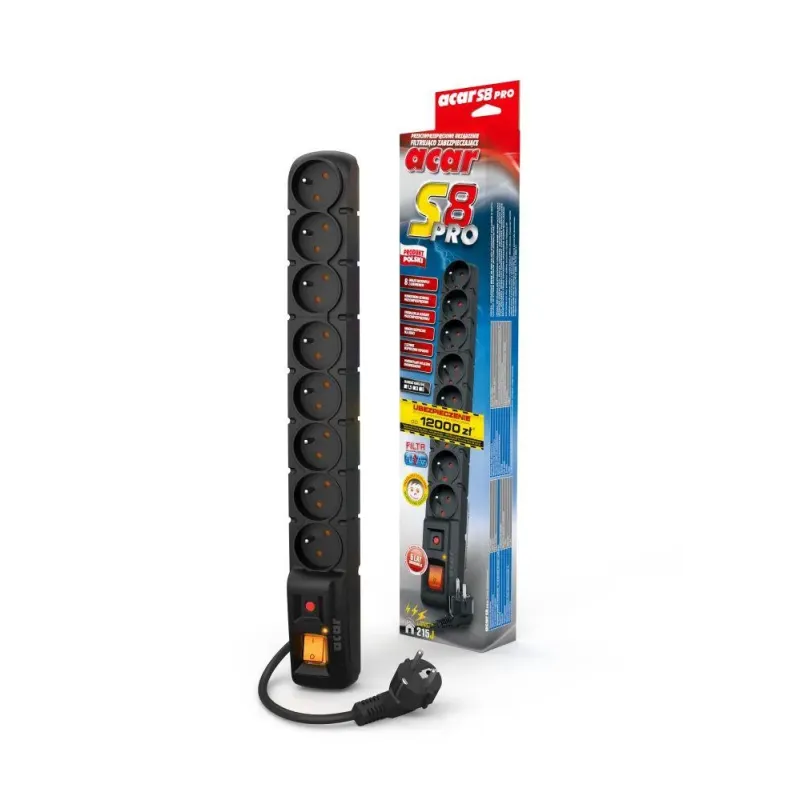 Listwa przeciwprzepięciowa Acar S8 Pro 1,5m czarna | PartsPC.pl