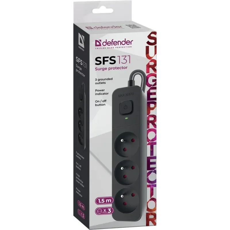 Listwa zasilająca Defender SFS 131 1,5 m, 3 gniazda | PartsPC.pl