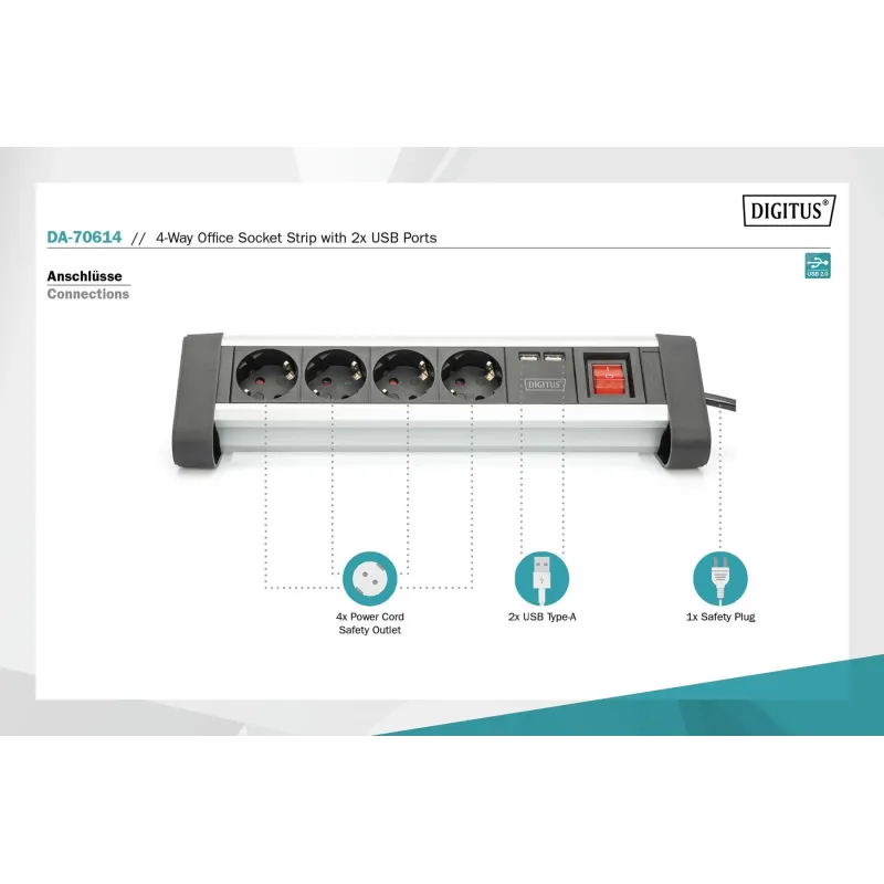 Listwa zasilająca DIGITUS biurowa 45° 4 gniazdowa 2xUSB | PartsPC.pl