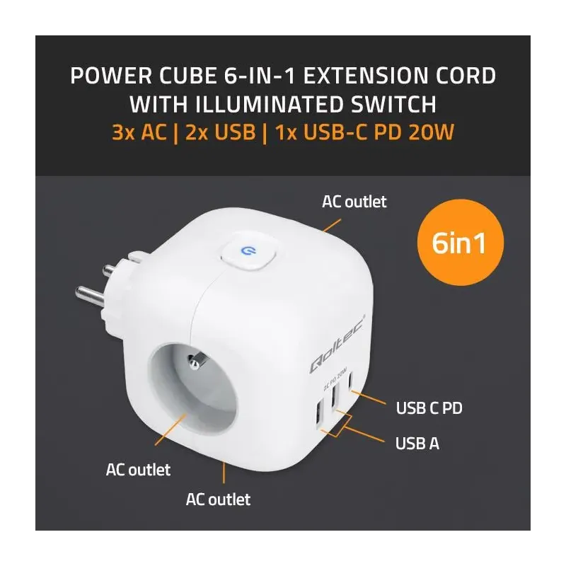Kostka zasilająca Qoltec przedłużacz 6w1 z podświetlanym | PartsPC.pl