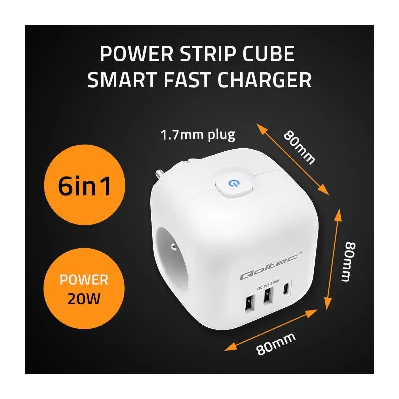 Kostka zasilająca Qoltec przedłużacz 6w1 z podświetlanym | PartsPC.pl