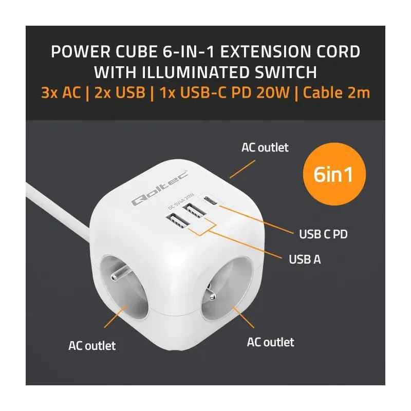 Kostka zasilająca Qoltec przedłużacz 6w1 z podświetlanym... | PartsPC.pl