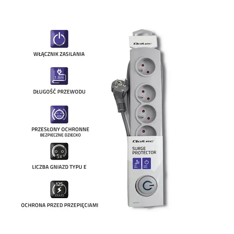 Listwa zasilająca antyprzepięciowa Qoltec | 5 gniazd | | PartsPC.pl