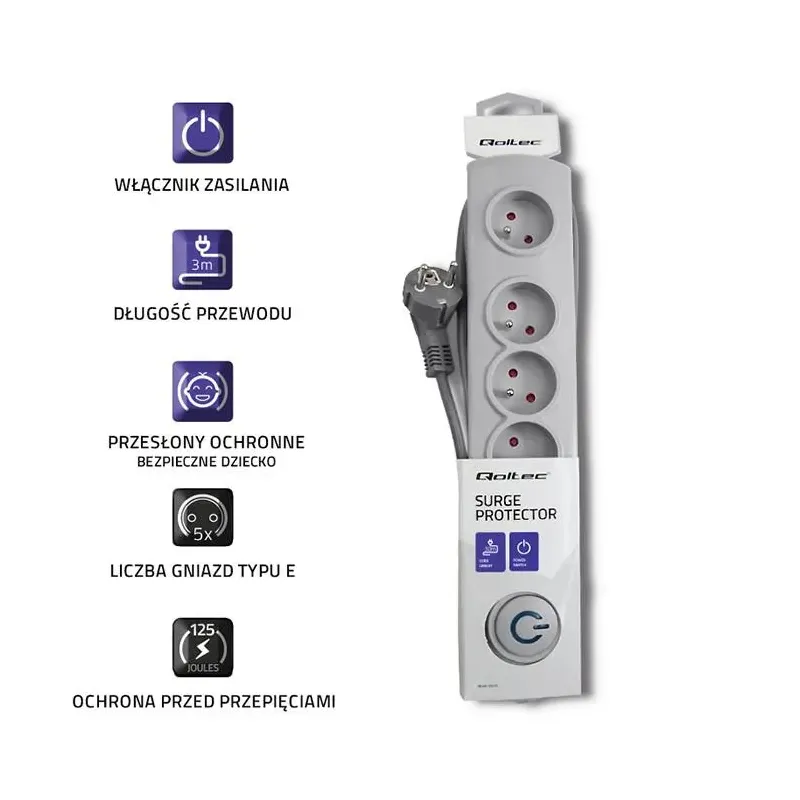 Listwa zasilająca antyprzepięciowa Qoltec | 5 gniazd | | PartsPC.pl