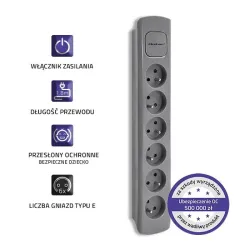 Listwa zasilająca Qoltec 6 gniazd | 1.8m | Szara | PartsPC.pl