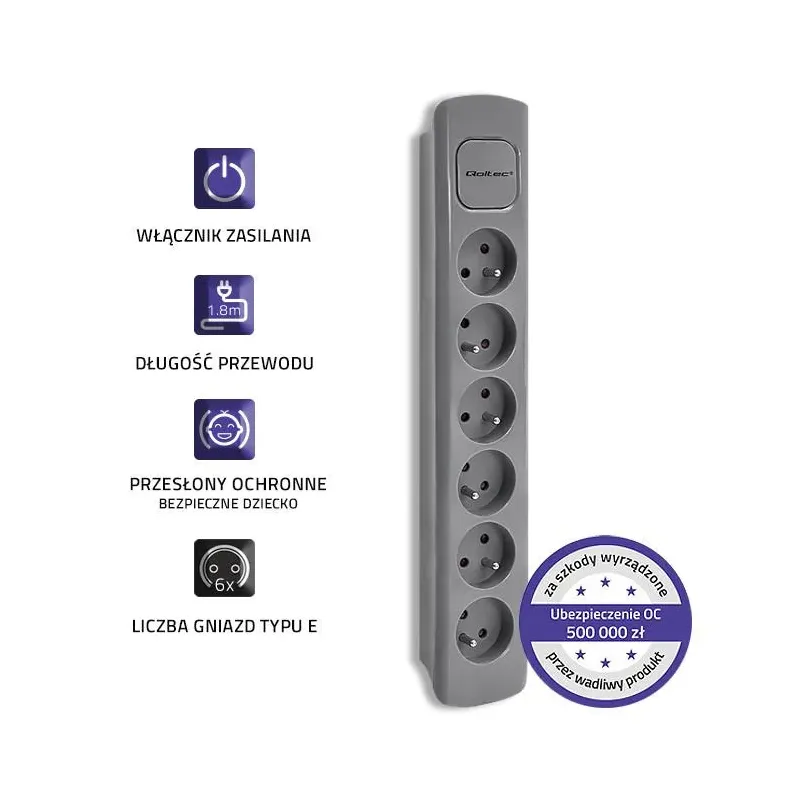 Listwa zasilająca Qoltec 6 gniazd | 1.8m | Szara | PartsPC.pl