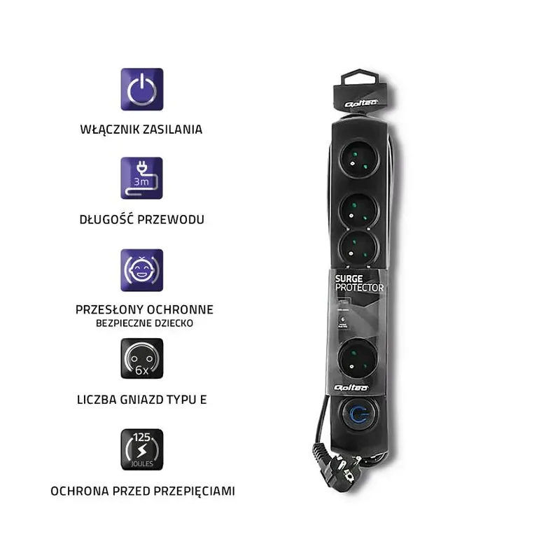 Listwa zasilająca antyprzepięciowa Qoltec 6 gniazd | 3m | PartsPC.pl