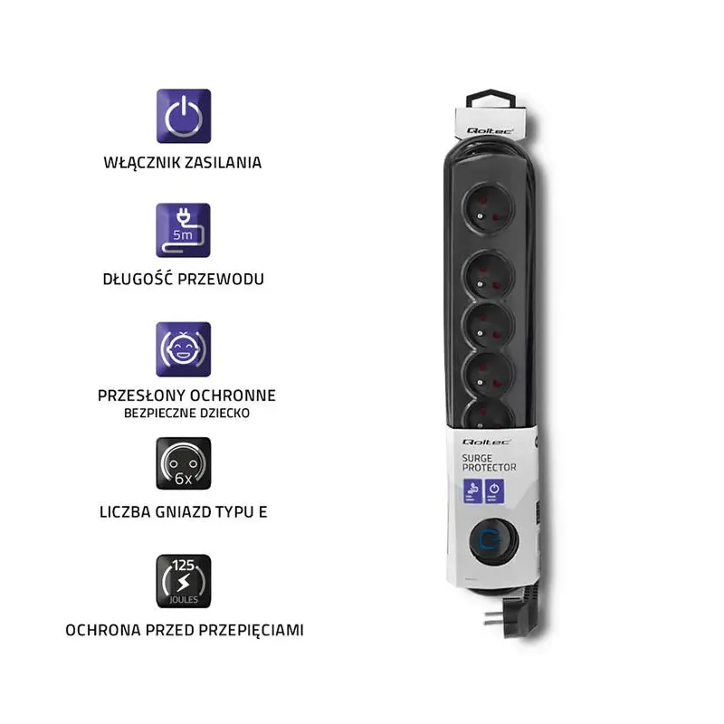 Listwa zasilająca antyprzepięciowa Qoltec | 6 gniazd | | PartsPC.pl