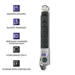 Listwa zasilająca antyprzepięciowa Qoltec 8 gniazd 1,8m | PartsPC.pl