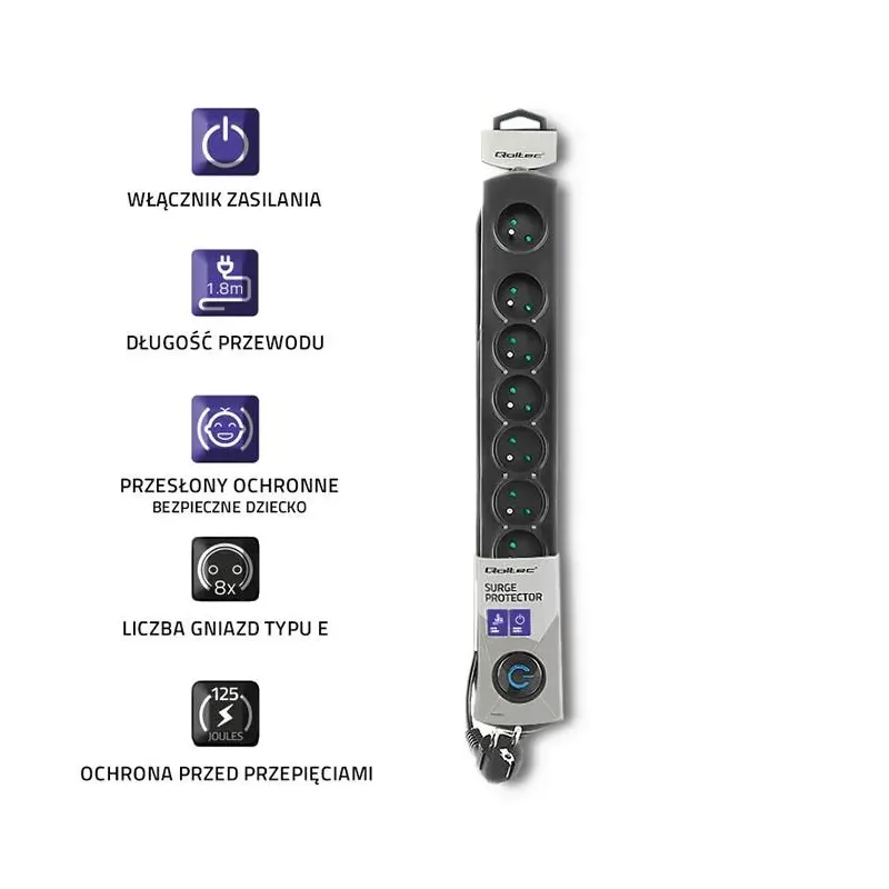 Listwa zasilająca antyprzepięciowa Qoltec 8 gniazd 1,8m | PartsPC.pl