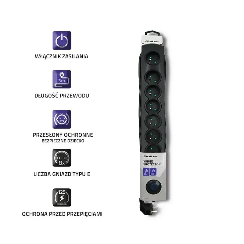 Listwa zasilająca antyprzepięciowa Qoltec 8 gniazd | 3m | PartsPC.pl