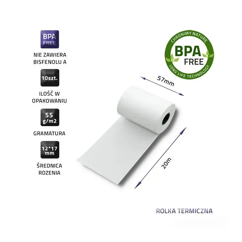 Rolka termiczna Qoltec 57 x 20 | 55g/m2 | 10szt. | BPA | PartsPC.pl