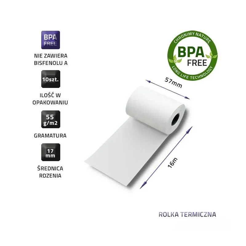 Rolka termiczna Qoltec 57x16 | 55g/m2 | 10szt. | BPA free | PartsPC.pl