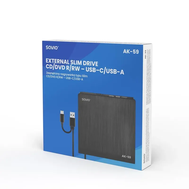 Nagrywarka DVD-RW SAVIO AK-59 zewnętrzna slim USB-C/USB-A | PartsPC.pl