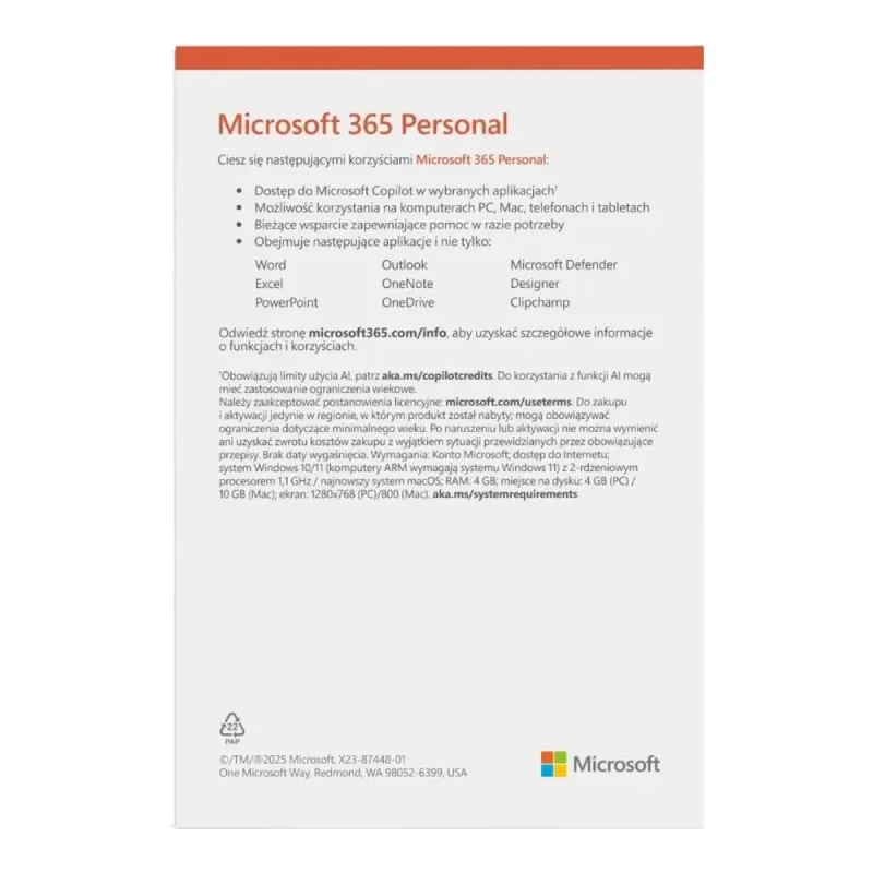 Oprogramowanie Microsoft M365 Personal PL 1Y 1U 5D | PartsPC.pl