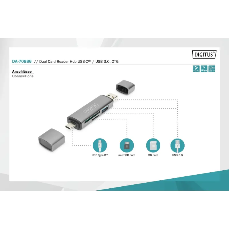 Czytnik kart DIGITUS 3-portowy USB Typ C/ USB 3.0 | PartsPC.pl