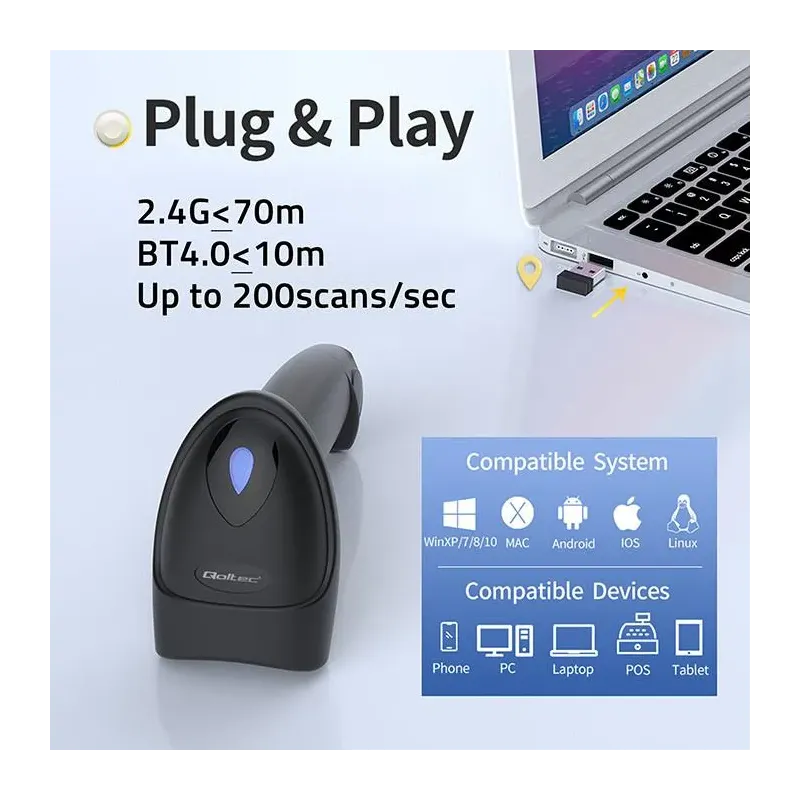 Czytnik kodów kreskowych Qoltec i QR | 1D 2D | USB | | PartsPC.pl