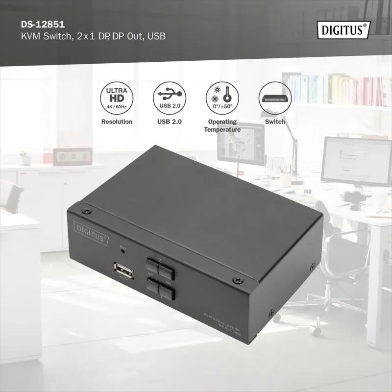 Przełącznik KVM DIGITUS 2 portowy DisplayPort, 4K 60Hz | PartsPC.pl