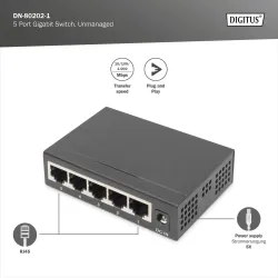 Switch niezarządzalny DIGITUS 5-portowy Gigabit Ethernet | PartsPC.pl