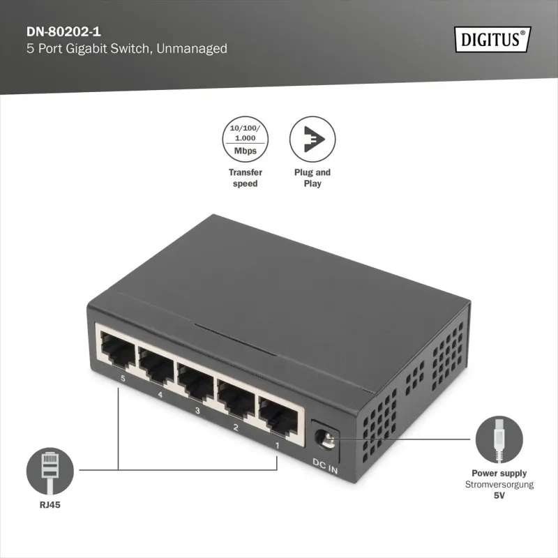 Switch niezarządzalny DIGITUS 5-portowy Gigabit Ethernet | PartsPC.pl