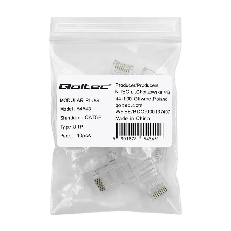 Wtyk QOLTEC przelotowy złącze RJ45 | CAT5e | UTP | Pass | PartsPC.pl