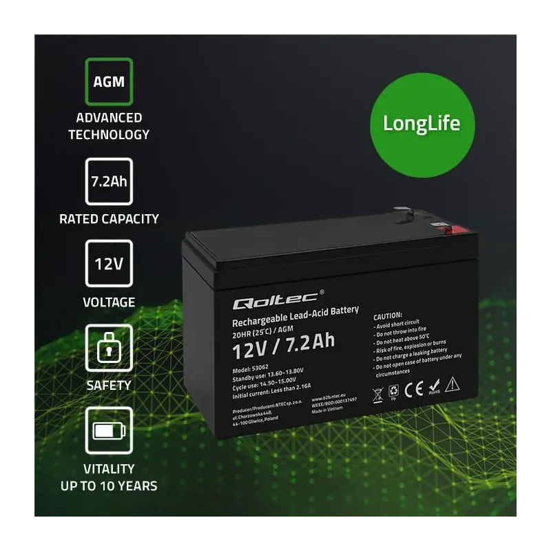 Akumulator AGM Qoltec 12V | 7.2Ah | PartsPC.pl