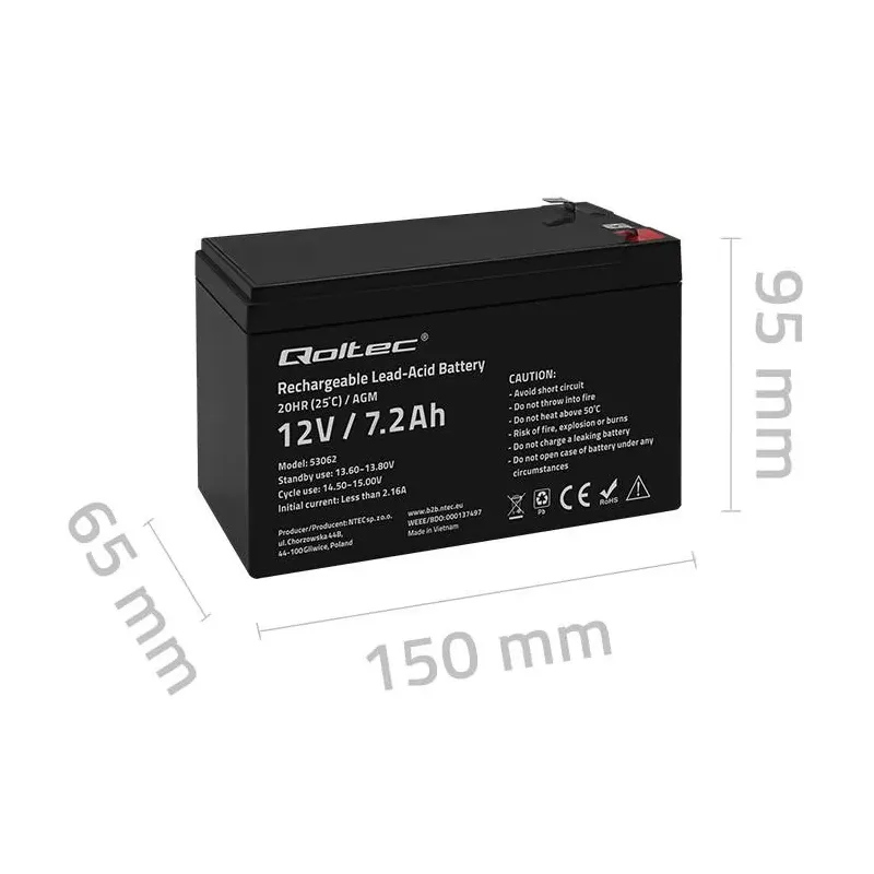 Akumulator AGM Qoltec 12V | 7.2Ah | PartsPC.pl