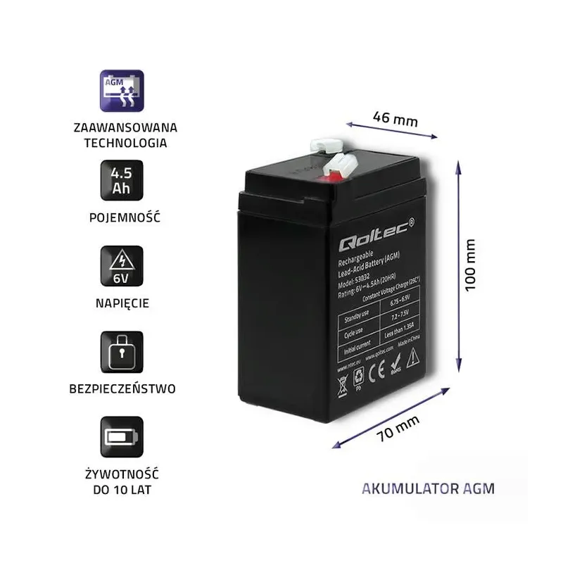 Akumulator AGM Qoltec 6V | 4.5Ah | PartsPC.pl