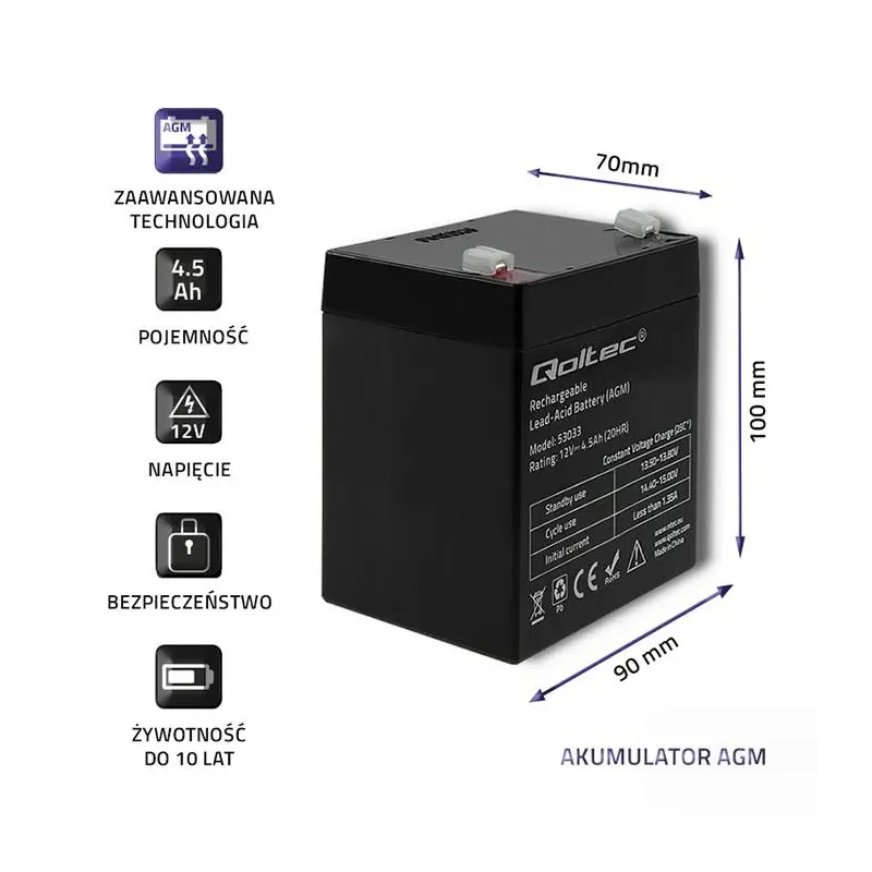 Akumulator AGM Qoltec 12V | 4.5Ah | PartsPC.pl