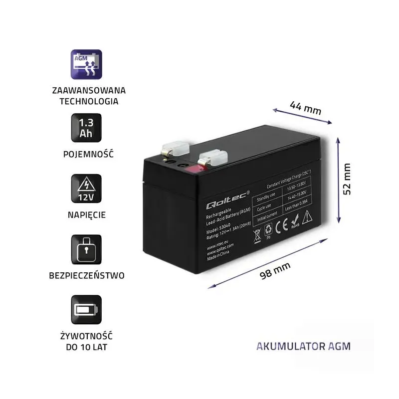 Akumulator AGM Qoltec 12V | 1.3Ah | PartsPC.pl