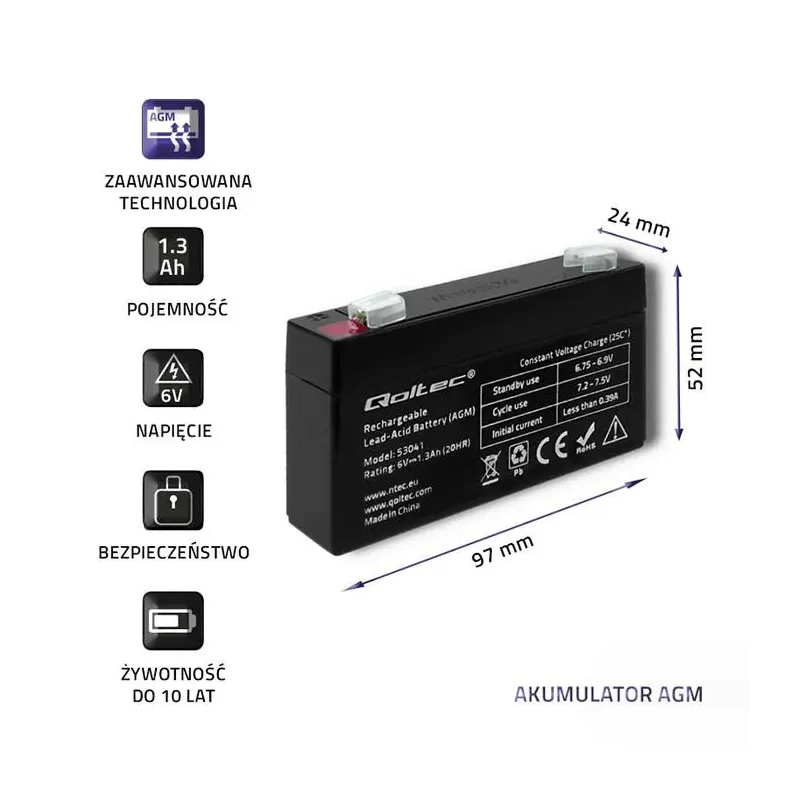 Akumulator AGM Qoltec 6V | 1.3Ah | PartsPC.pl