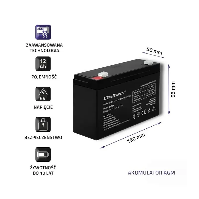 Akumulator AGM Qoltec 6V | 12Ah | PartsPC.pl