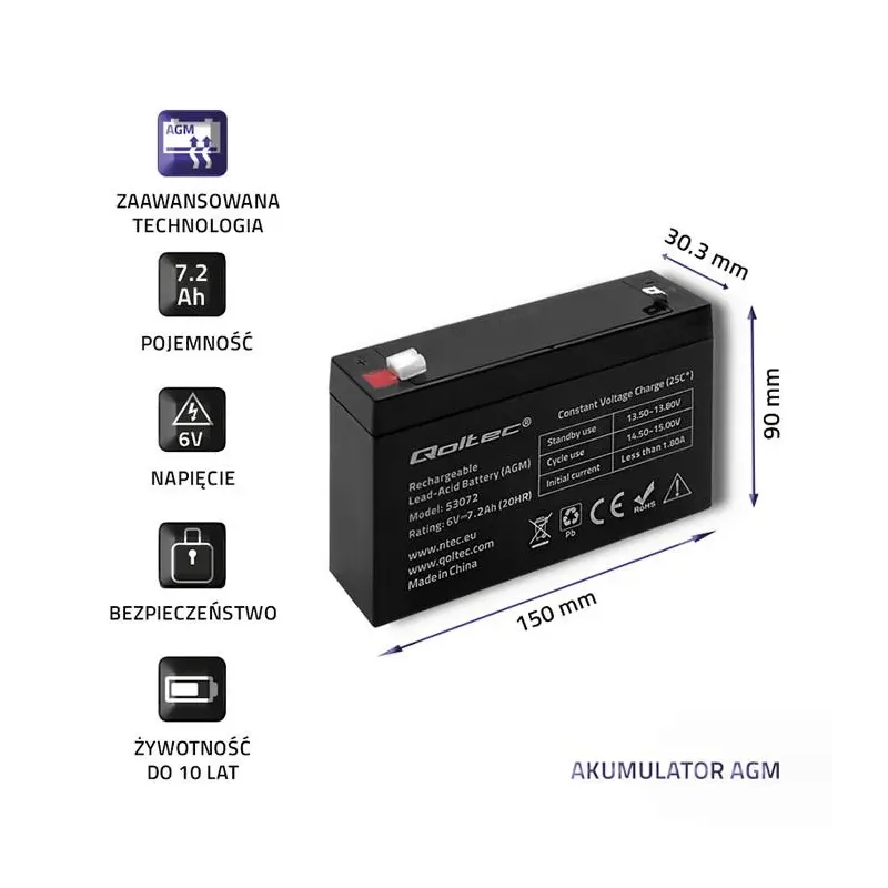 Akumulator AGM Qoltec 6V | 7.2Ah | PartsPC.pl