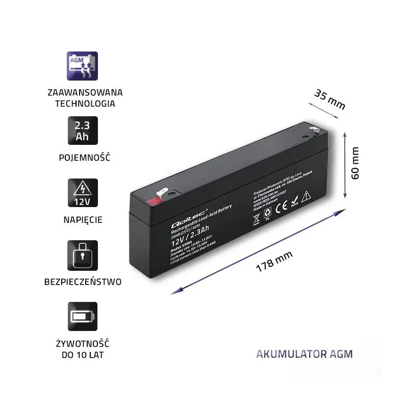 Akumulator AGM Qoltec 12V | 2.3Ah | PartsPC.pl